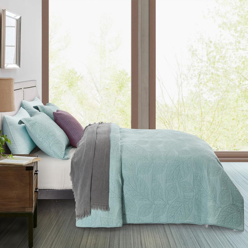 CHIXIN Botanical Cotton Quilt King Size - Real Stitching Leaf Pattern - Quilted Bedspread Coverlet Set, Ultra Soft, Lightweight, Reversible, 3 Piece, Light Green - Image 3